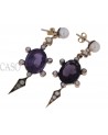 YELLOW GOLD DANGLE EARRINGS WITH AMETHYST AND PEARLS