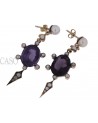 YELLOW GOLD DANGLE EARRINGS WITH AMETHYST AND PEARLS