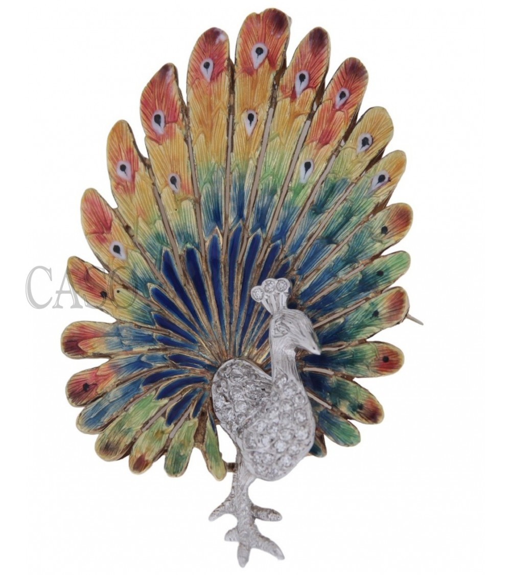 VINTAGE 2 TONE GOLD BROOCH WITH ENAMEL AND DIAMOND