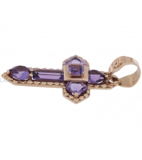 CROCE CIONDOLO VINTAGE IN ORO GIALLO CON AMETISTE