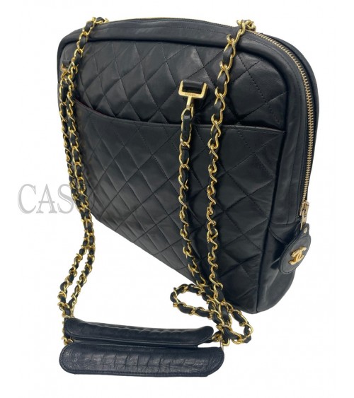 CHANEL VINTAGE MAXI CAMERA BAG BLACK LAMBSKIN LEATHER WITH GOLD TONE HARDWARE
