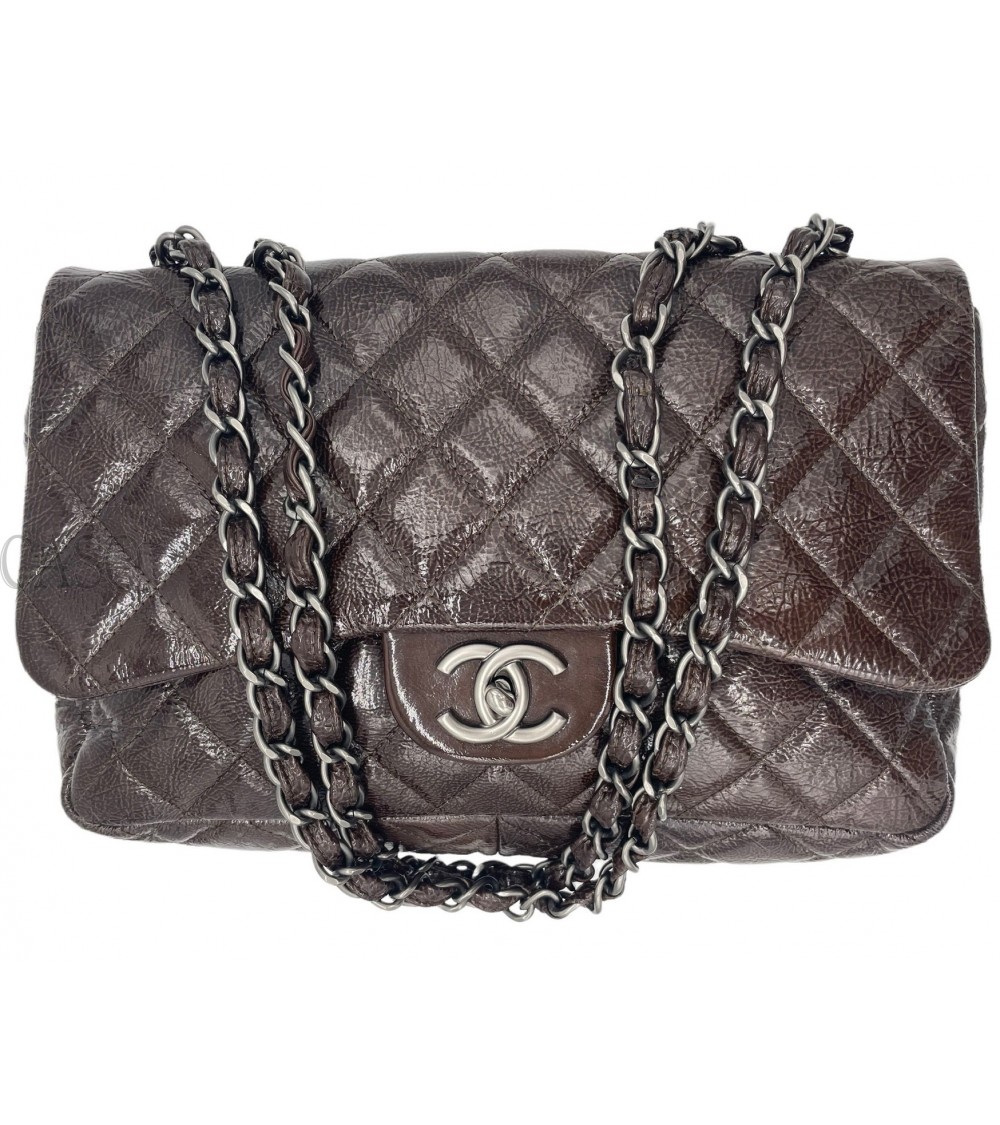 CHANEL CLASSIC FLAP BAG BROWN PATENT LEATHER AND RUTHENIUM HARDWARE
