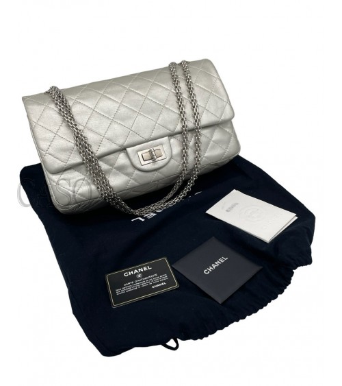 CHANEL 2.55 ICONIC BAG SILVER LEATHER FULL SET