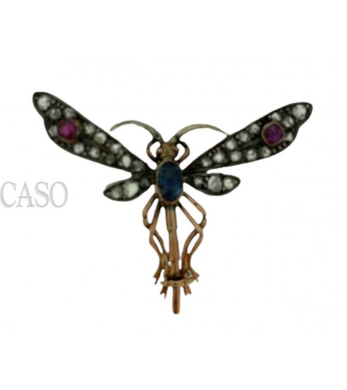 SPILLA ANTICA A FORMA DI LIBELLULA IN ARGENTO E ORO