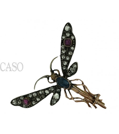 SPILLA ANTICA A FORMA DI LIBELLULA IN ARGENTO E ORO