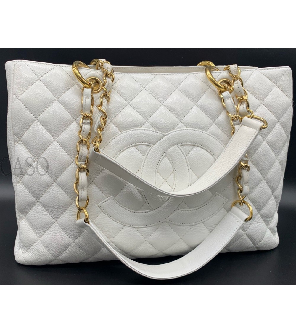 CHANEL WHITE CAVIAR LEATHER GST BAG WITH GOLD TONE HDW