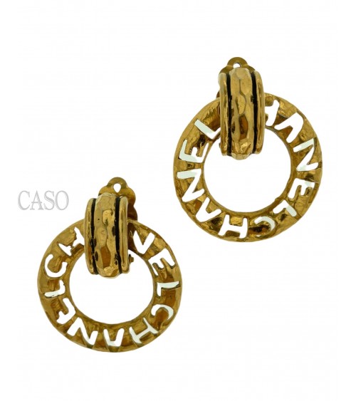 CHANEL VINTAGE GOLD TONE HARDWARE DANGLE EARRINGS WITH LOGO
